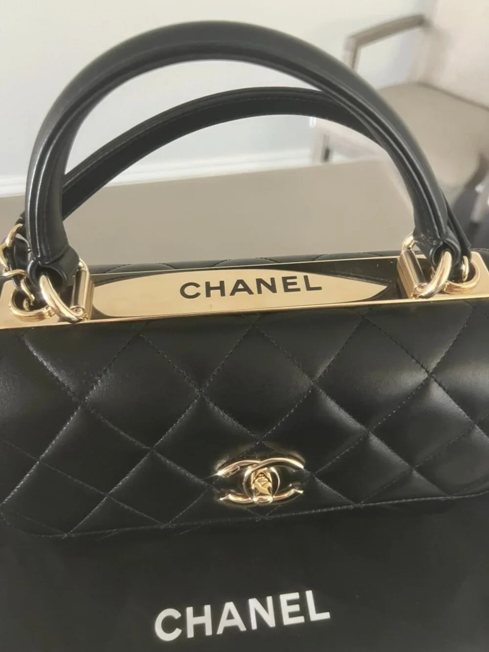 Lambskin Quilted Small Trendy CC Dual Handle Flap Bag Black